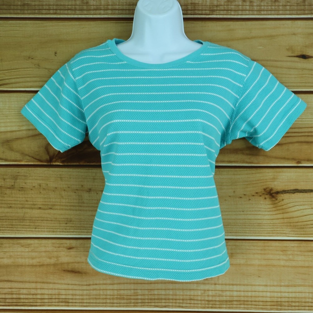 Miranda‎ Knit Top Cropped Womens Size S Light Blue White Stripes Short Sleeve